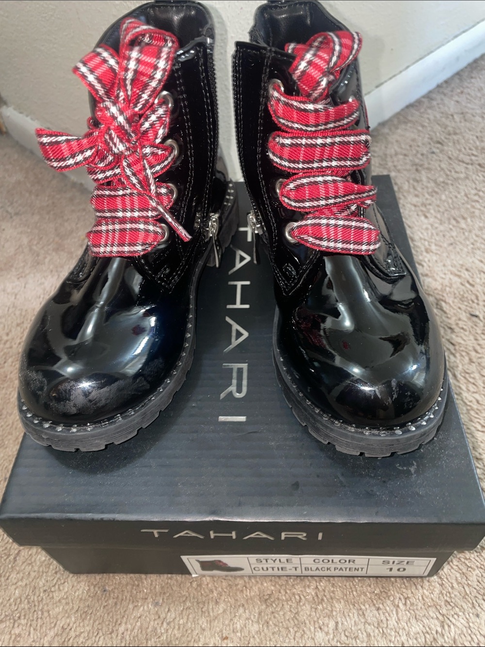 Tahari Black Patent Kids Boots with Red Plaid Laces